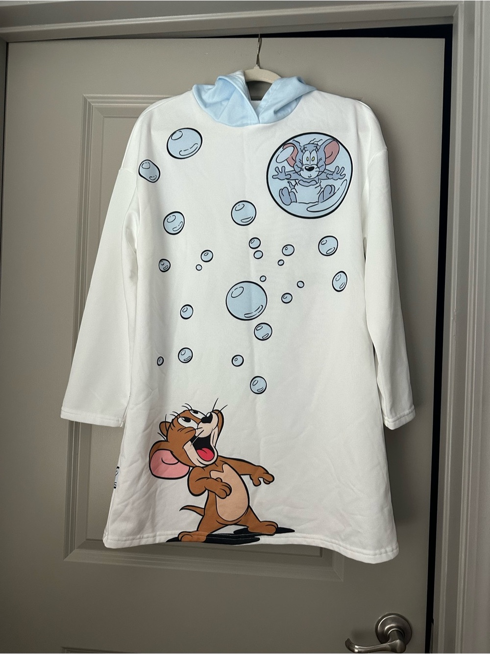 SHEIN White & Light Blue Cartoon Bubble Hooded Mini Dress